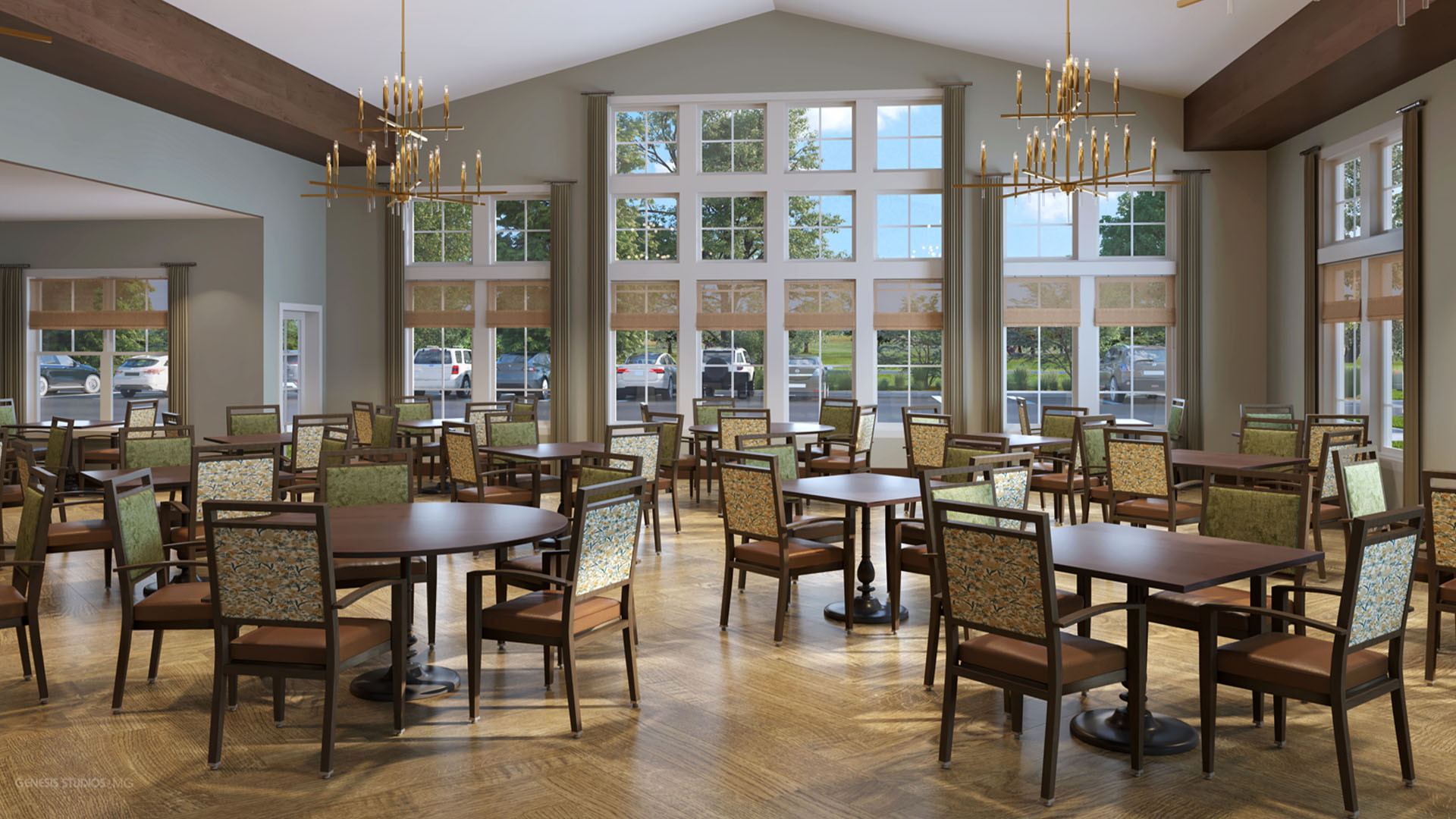 A spacious and bright dining room at Cedarhurst of Manhattan, offering comfortable seating for meals