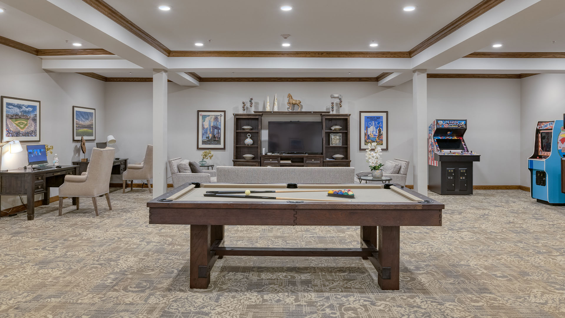 Senior residents can enjoy a well-equipped game room at Cedarhurst of Naperville - including a pool table.