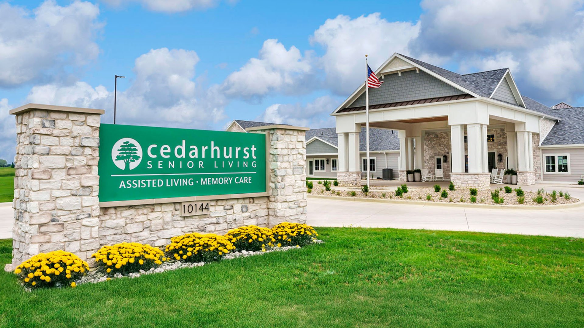The welcoming front exterior of Cedarhurst of Newburgh senior living community.